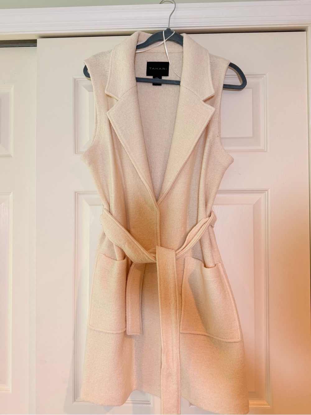 Tahari Cream Sleeveless Belted Long Vest